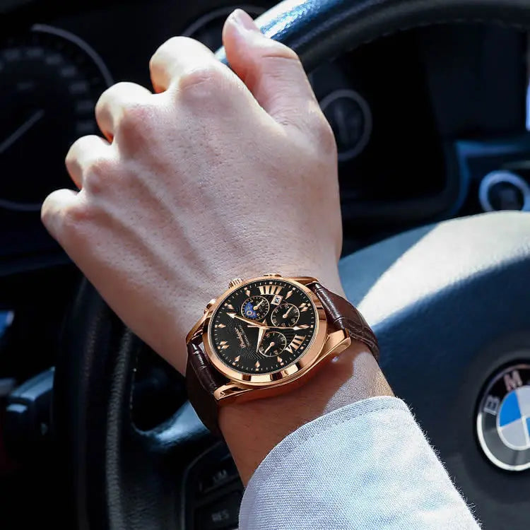 Relógio masculino POEDAGAR 822 com três mostradores pequenos, à prova d'água, pulseira de couro PU, movimento de quartzo e pulseira de aço inoxidável.