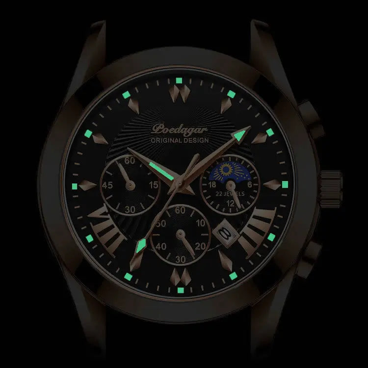 Relógio masculino POEDAGAR 822 com três mostradores pequenos, à prova d'água, pulseira de couro PU, movimento de quartzo e pulseira de aço inoxidável.