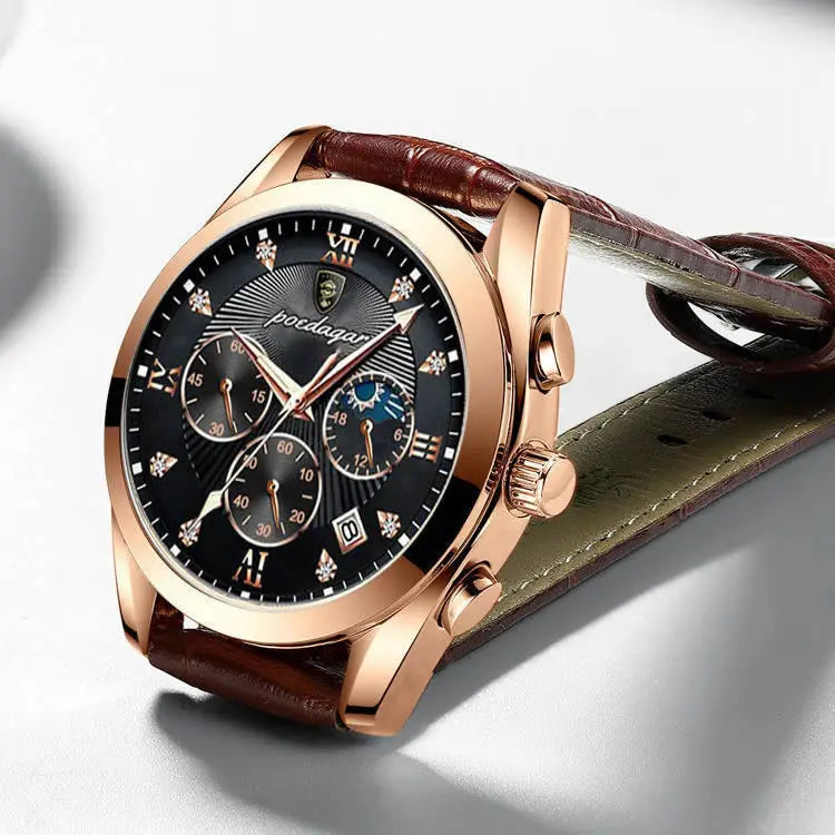 Relógio masculino POEDAGAR 822 com três mostradores pequenos, à prova d'água, pulseira de couro PU, movimento de quartzo e pulseira de aço inoxidável.