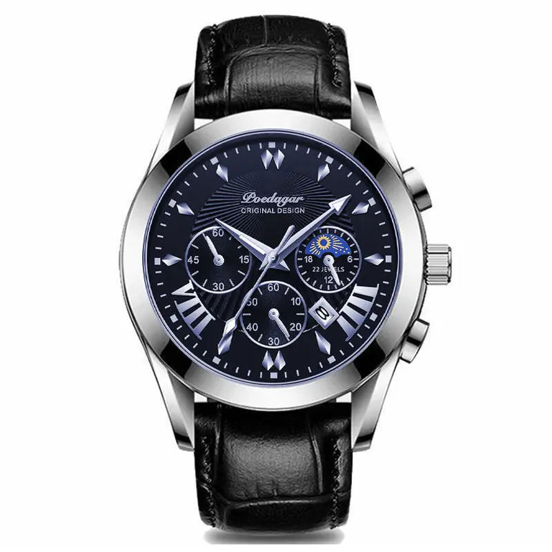 Relógio masculino POEDAGAR 822 com três mostradores pequenos, à prova d'água, pulseira de couro PU, movimento de quartzo e pulseira de aço inoxidável.