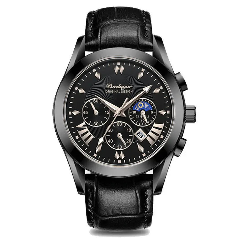 Relógio masculino POEDAGAR 822 com três mostradores pequenos, à prova d'água, pulseira de couro PU, movimento de quartzo e pulseira de aço inoxidável.