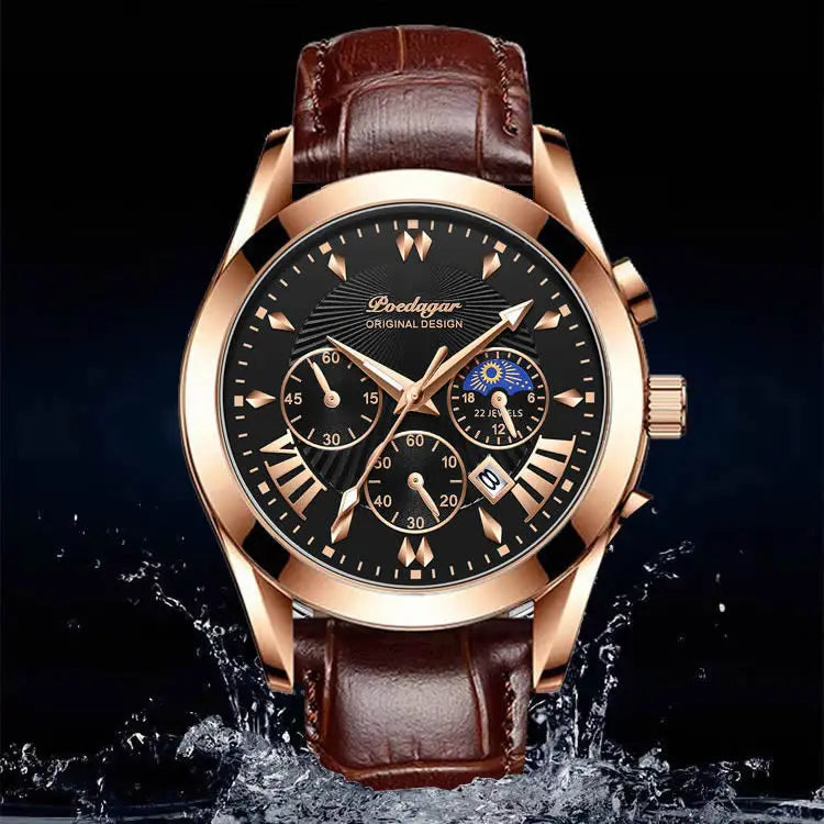 Relógio masculino POEDAGAR 822 com três mostradores pequenos, à prova d'água, pulseira de couro PU, movimento de quartzo e pulseira de aço inoxidável.