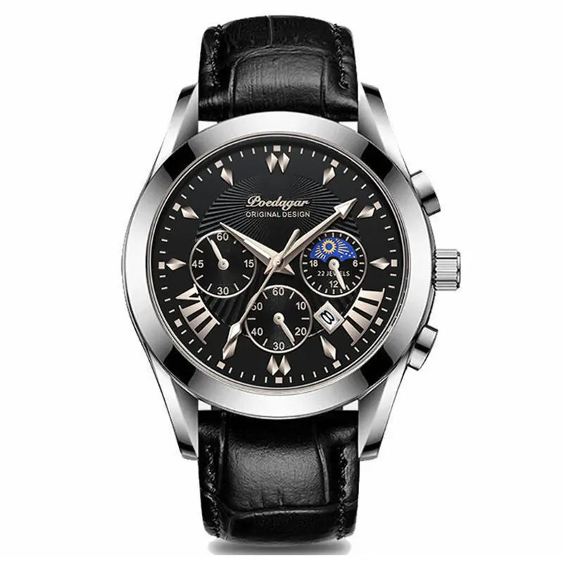 Relógio masculino POEDAGAR 822 com três mostradores pequenos, à prova d'água, pulseira de couro PU, movimento de quartzo e pulseira de aço inoxidável.