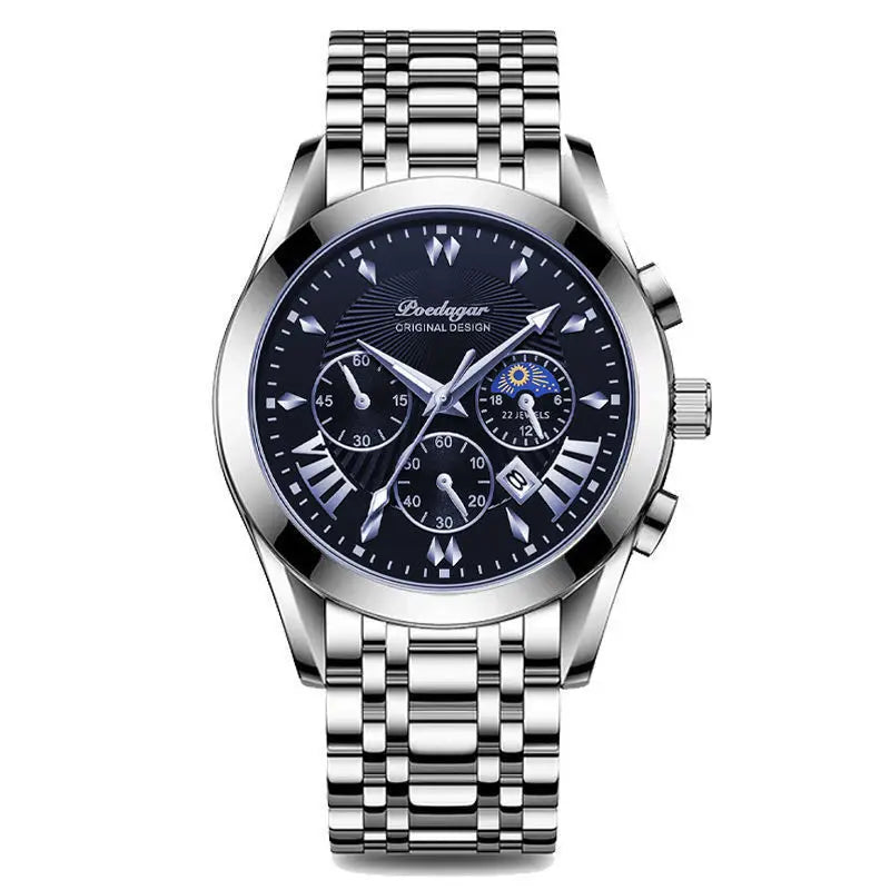 Relógio masculino POEDAGAR 822 com três mostradores pequenos, à prova d'água, pulseira de couro PU, movimento de quartzo e pulseira de aço inoxidável.
