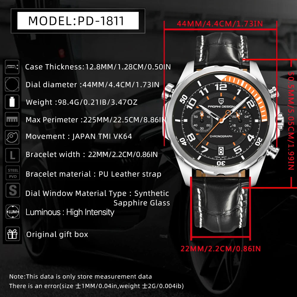 Relógio de pulso mecânico masculino PAGANI Design VK64 automático com pulseira de PU e cristal de safira (PD1811)
