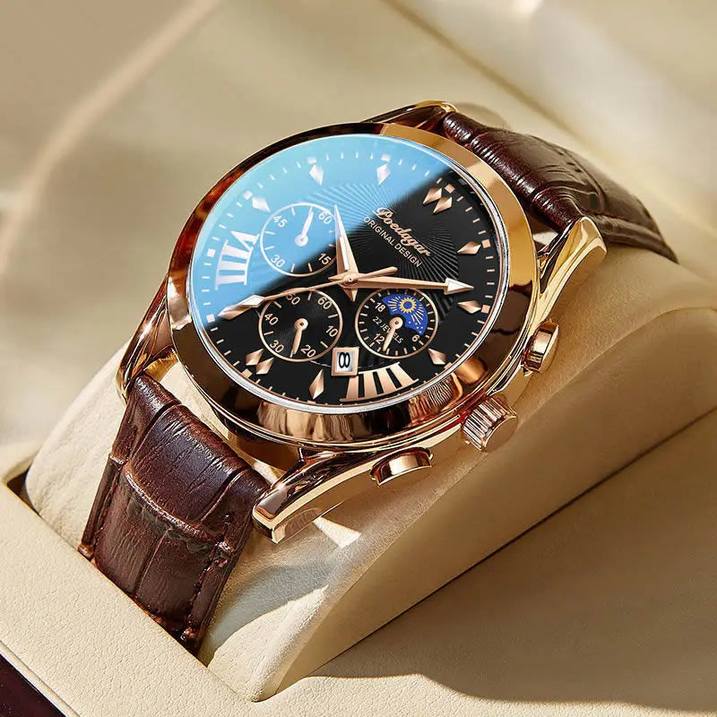 Relógio masculino POEDAGAR 822 com três mostradores pequenos, à prova d'água, pulseira de couro PU, movimento de quartzo e pulseira de aço inoxidável.