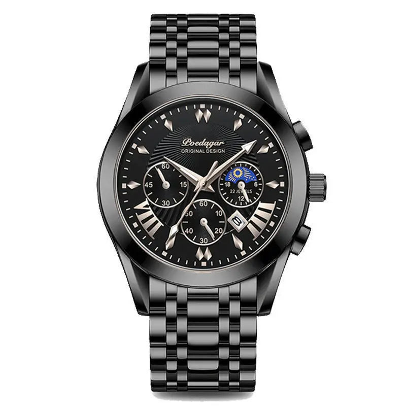 Relógio masculino POEDAGAR 822 com três mostradores pequenos, à prova d'água, pulseira de couro PU, movimento de quartzo e pulseira de aço inoxidável.