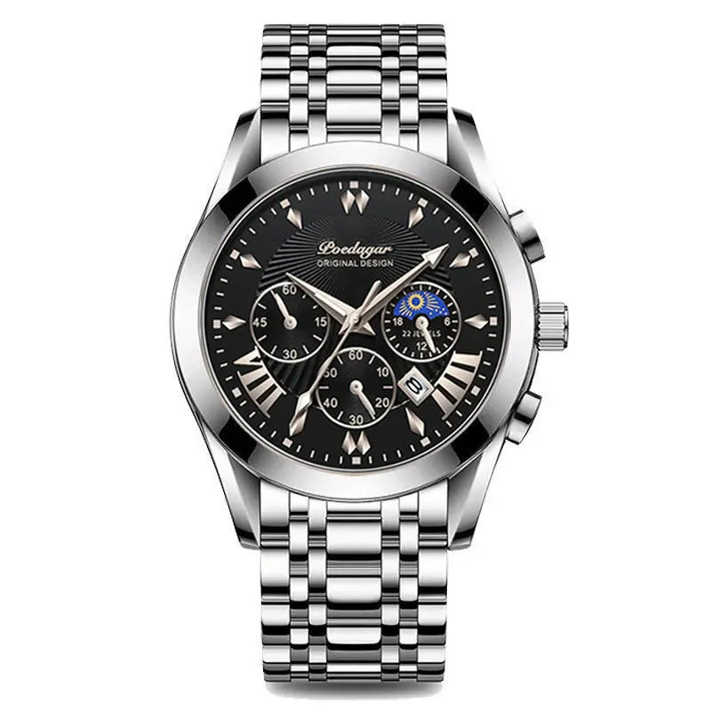 Relógio masculino POEDAGAR 822 com três mostradores pequenos, à prova d'água, pulseira de couro PU, movimento de quartzo e pulseira de aço inoxidável.