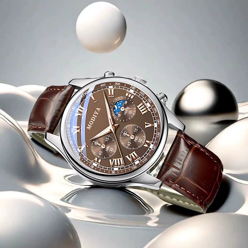 Relógio masculino multifuncional automático de quartzo com três mostradores e fase da lua, moderno, luminoso e não mecânico. Ideal para estudantes e estudantes.