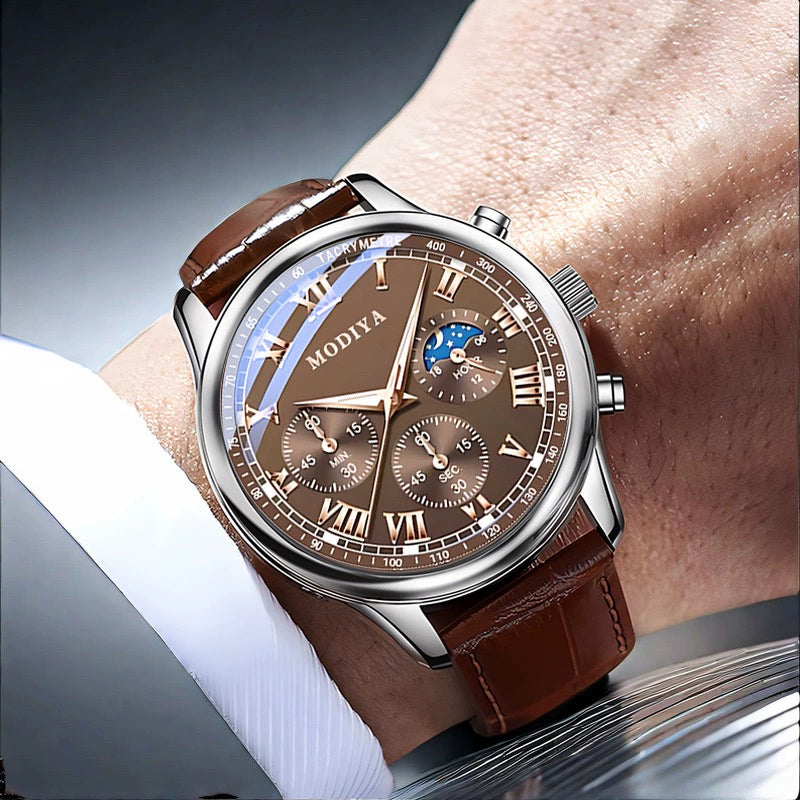 Relógio masculino multifuncional automático de quartzo com três mostradores e fase da lua, moderno, luminoso e não mecânico. Ideal para estudantes e estudantes.