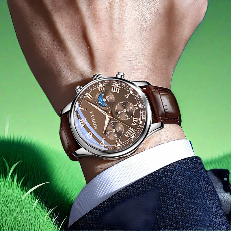 Relógio masculino multifuncional automático de quartzo com três mostradores e fase da lua, moderno, luminoso e não mecânico. Ideal para estudantes e estudantes.