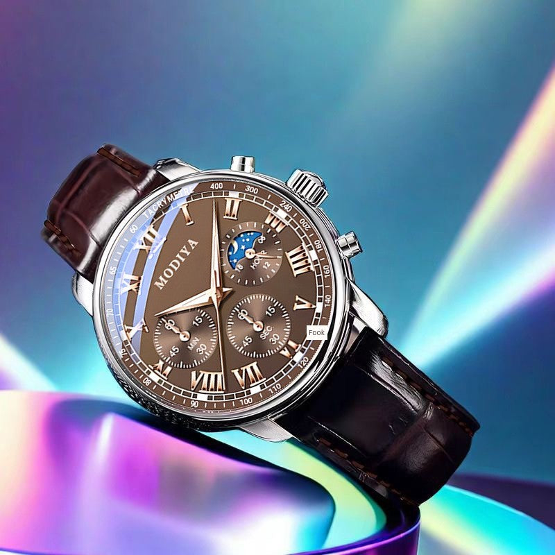 Relógio masculino multifuncional automático de quartzo com três mostradores e fase da lua, moderno, luminoso e não mecânico. Ideal para estudantes e estudantes.