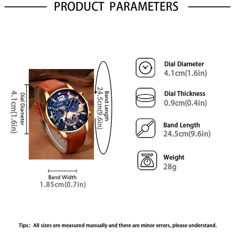 Conjunto de 2 Relógios Masculinos de Luxo com Calendário, Estilo Casual e Elegante, em Couro Marrom, com Mecanismo de Quartzo e Pulseira de Couro.