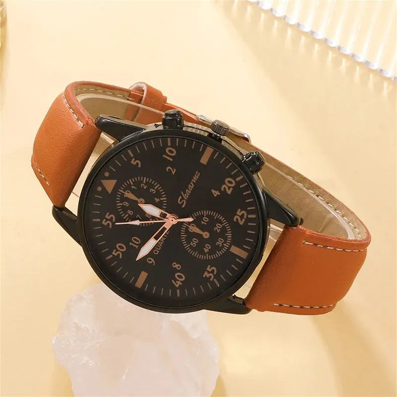 Novo conjunto de relógio masculino de luxo com pulseira, elegante e sofisticado, em couro marrom, com mecanismo de quartzo. Ideal para presentear.