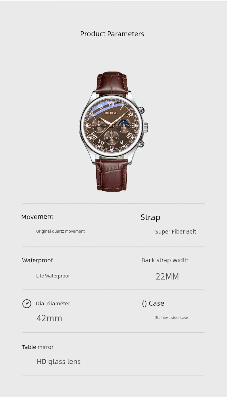 Relógio de pulso masculino casual de alta qualidade WOKAI, com movimento de quartzo e luminescência.