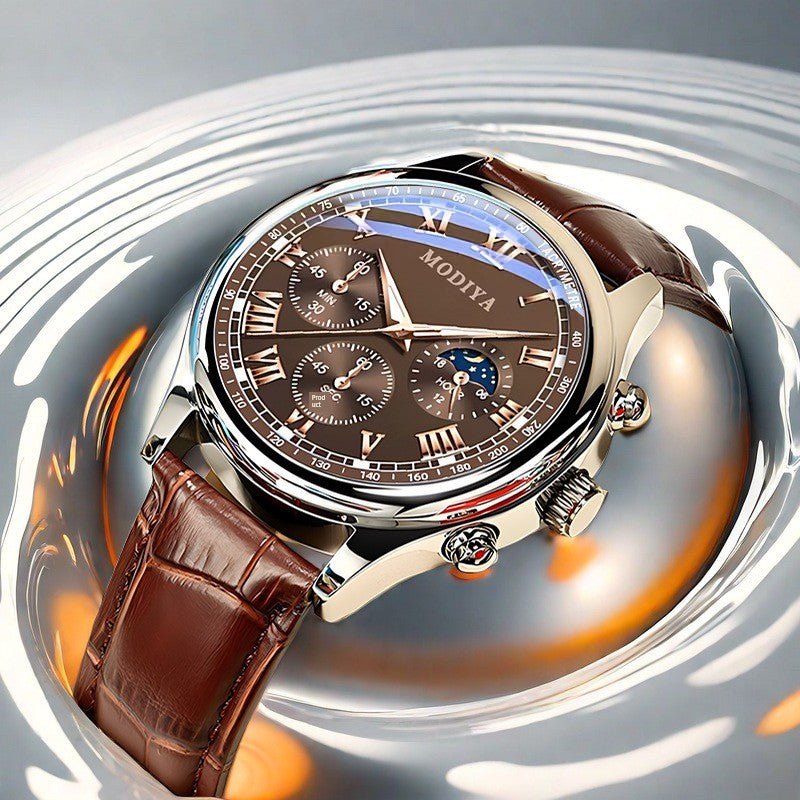 Relógio masculino multifuncional automático de quartzo com três mostradores e fase da lua, moderno, luminoso e não mecânico. Ideal para estudantes e estudantes.