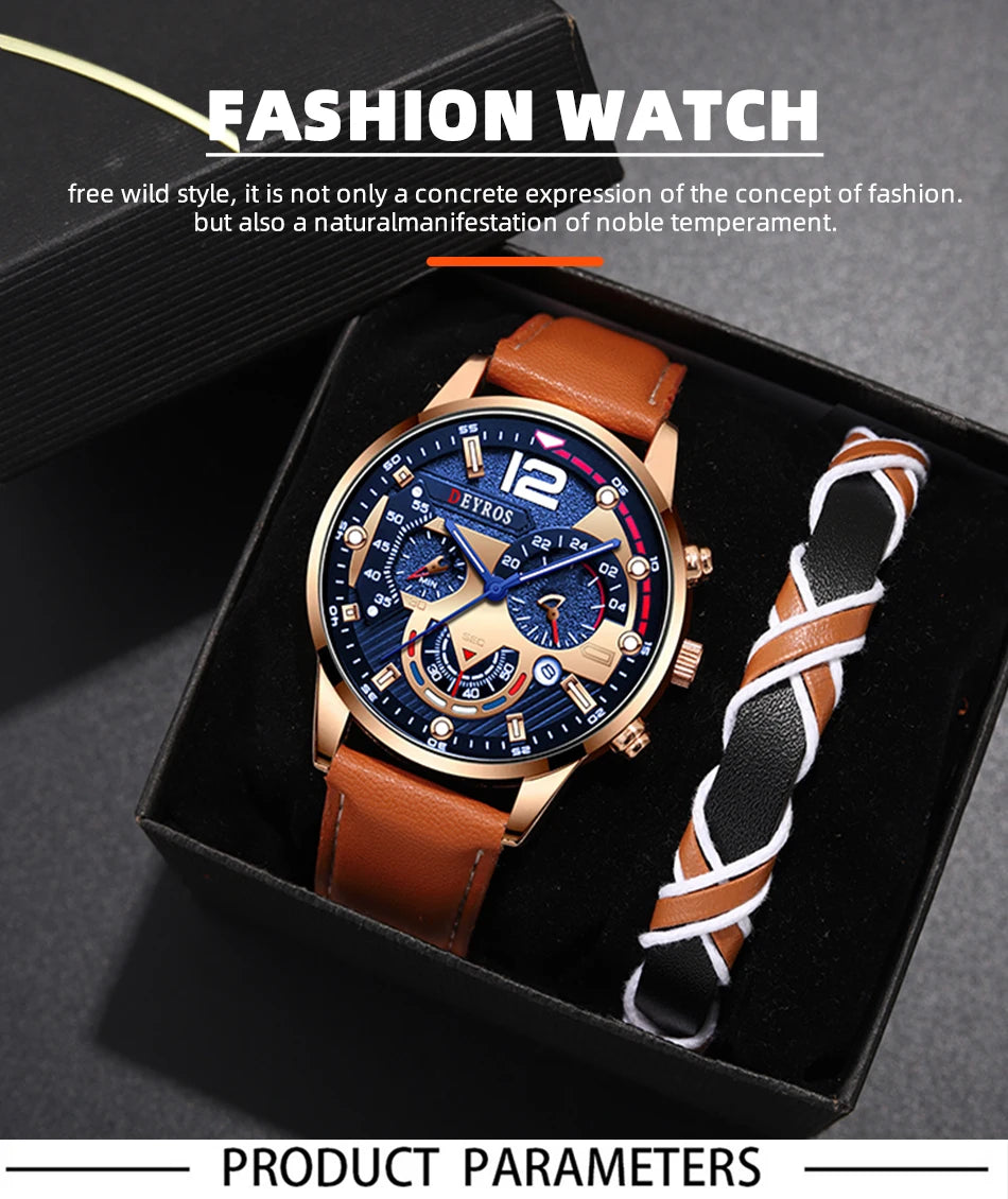 Conjunto de 2 Relógios Masculinos de Luxo com Calendário, Estilo Casual e Elegante, em Couro Marrom, com Mecanismo de Quartzo e Pulseira de Couro.