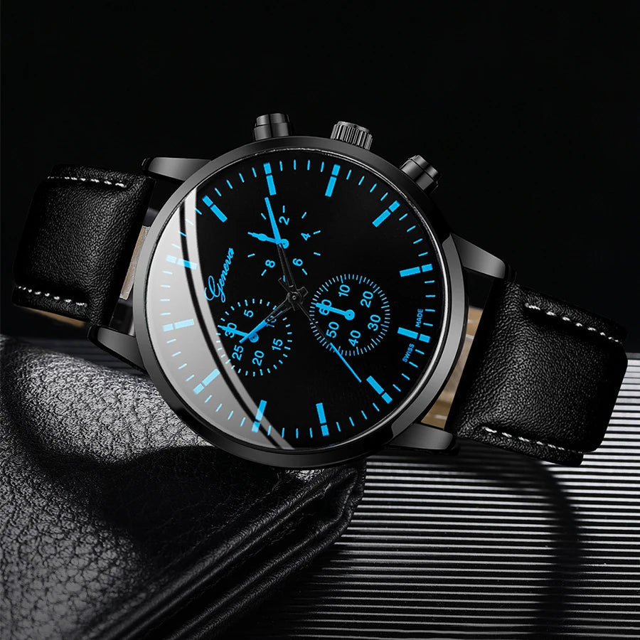 Conjunto de 3 peças de relógios masculinos casuais de negócios com pulseira de couro, analógicos, de quartzo.